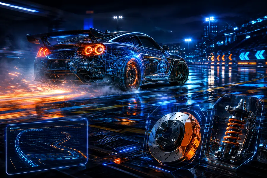 Neon drift test arena with performance brake challenge