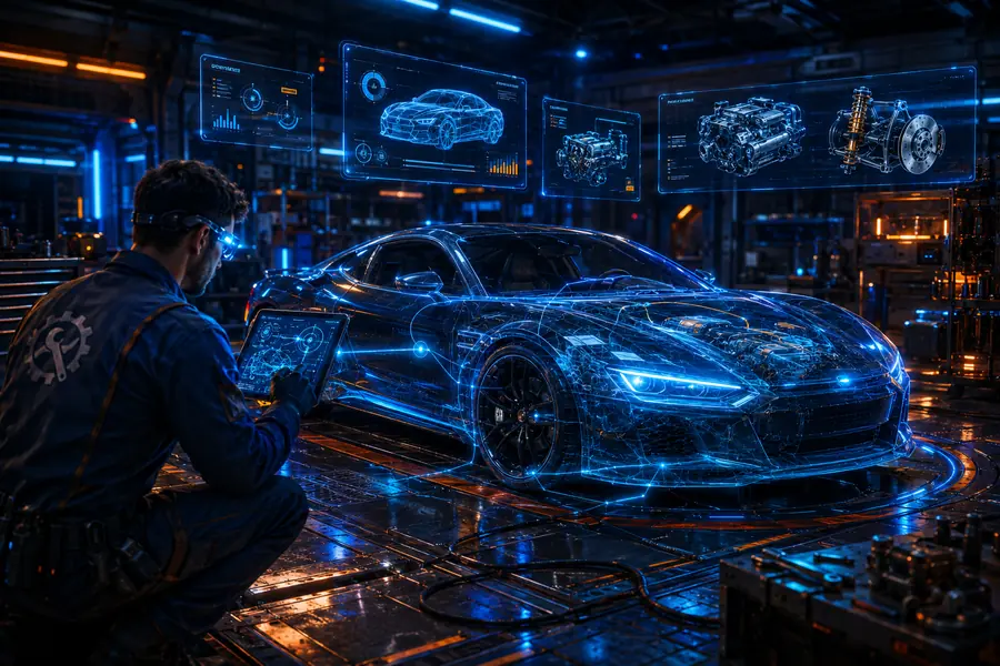 Player using holographic diagnostics in a futuristic garage game