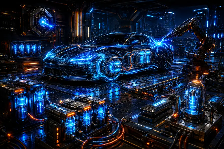 Futuristic energy upgrade bay in a sci-fi garage game