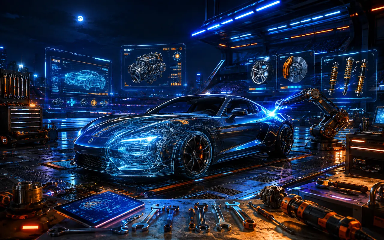 Cinematic futuristic gaming garage scene